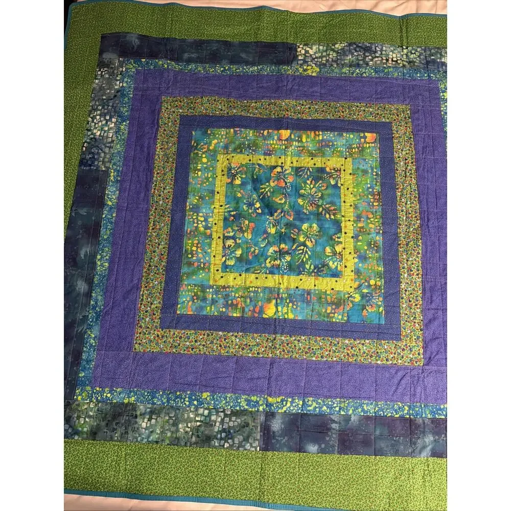 New Batik Lap Quilt Throw Blanket Handmade Machine Stitched Blue Green 58x58”